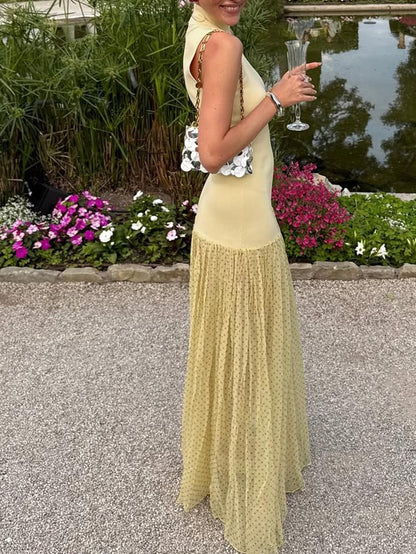 Chic High - Neck Sleeveless Dress with Polka - Dot Pleated Skirt