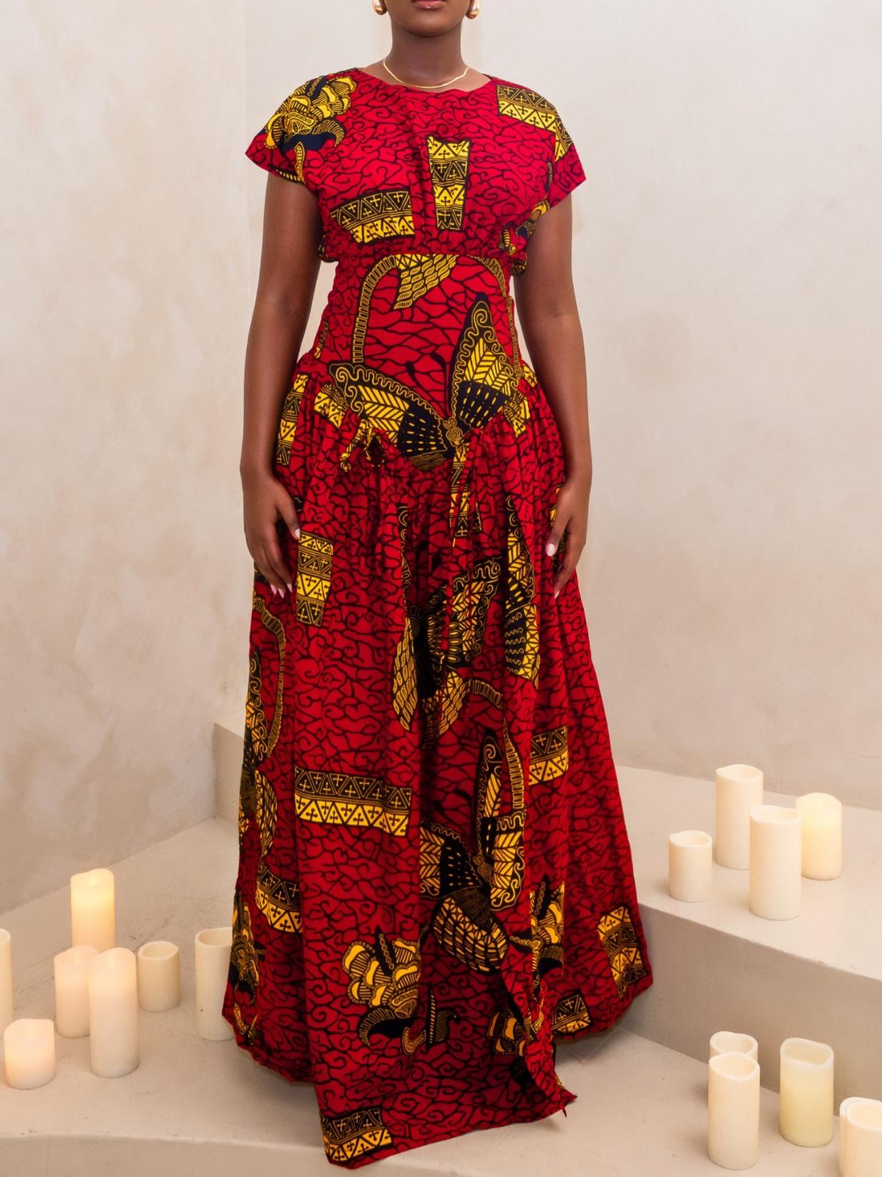 Red Ankara Traditional Side Slit Dress