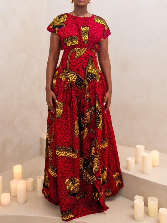 Red Ankara Traditional Side Slit Dress