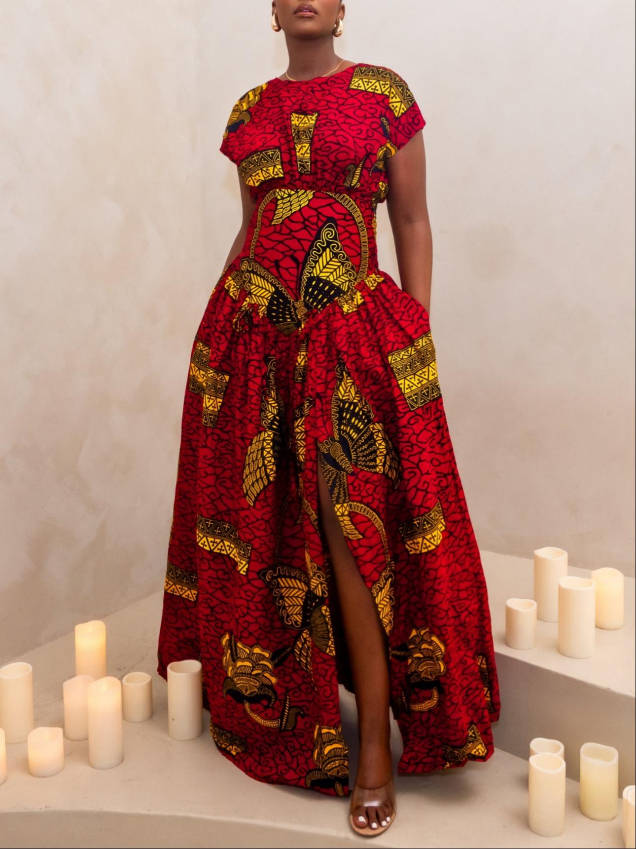 Red Ankara Traditional Side Slit Dress