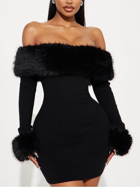 Off Shoulder Faux Fur Trim Black Knit Mini Dress