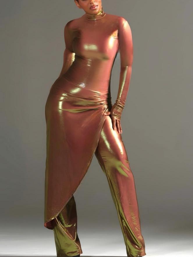 Metallic Iridescent High Neck Long Sleeve Asymmetric Wrap Jumpsuit