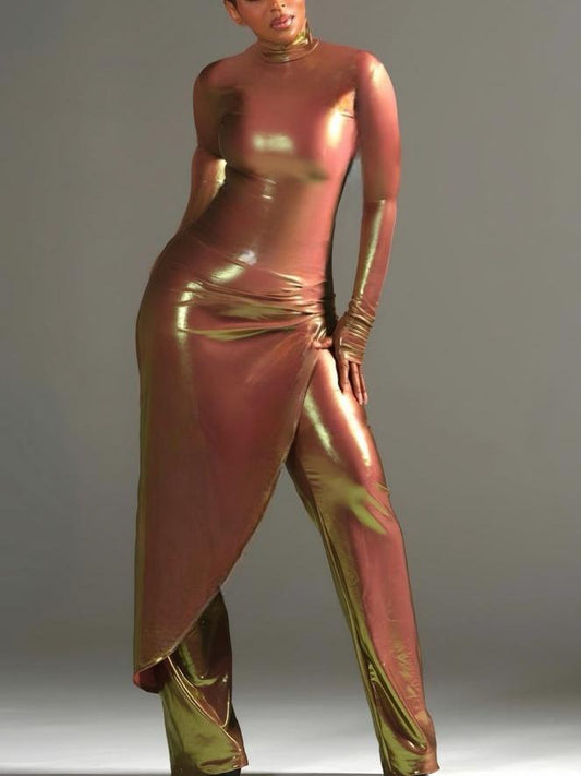 Metallic Iridescent High Neck Long Sleeve Asymmetric Wrap Jumpsuit