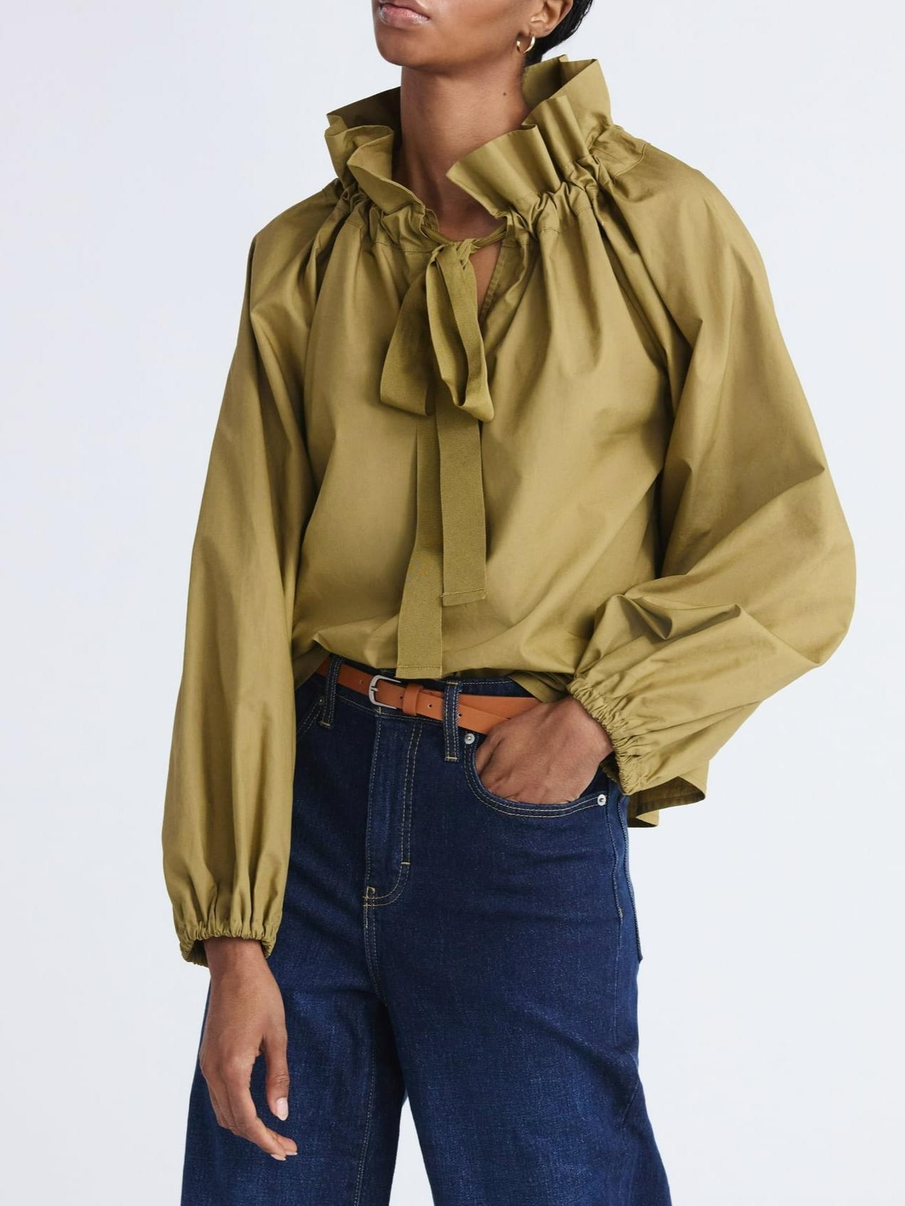 Ruffle Neck Long Sleeves Cotton Top