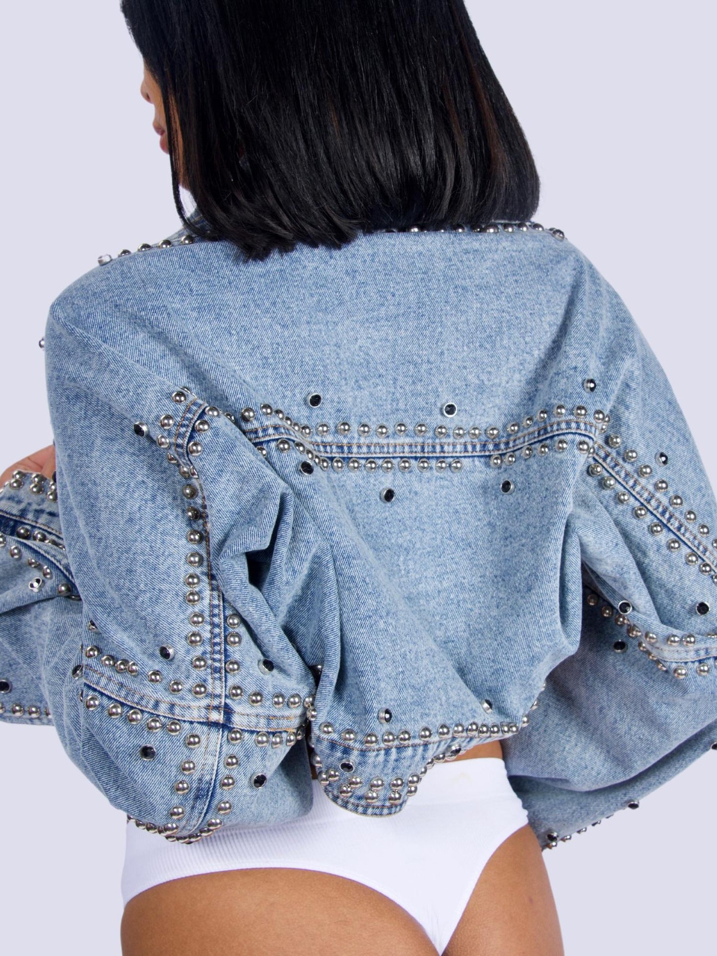 Silver Studded Embellished Light Blue Denim Crop Jacket