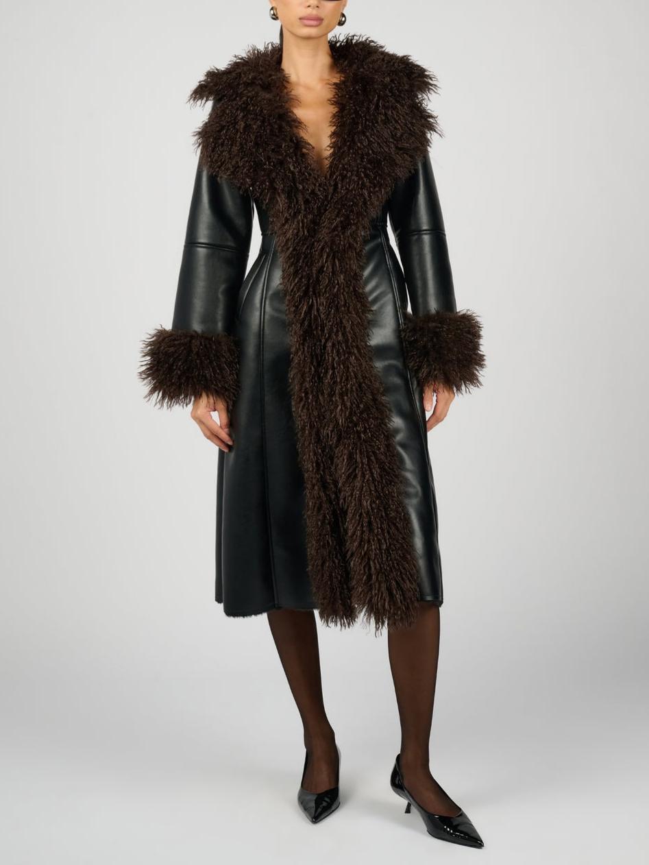 Faux Fur Collar and Cuffs Black Leather Long Coat