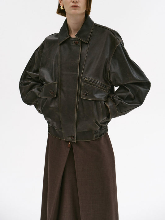 Brown Faded Faux Lambskin Bomber Jacket