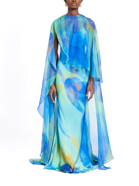 Turquoise Watercolor Print Cape & Slip Dress Two-Piece Formal Set