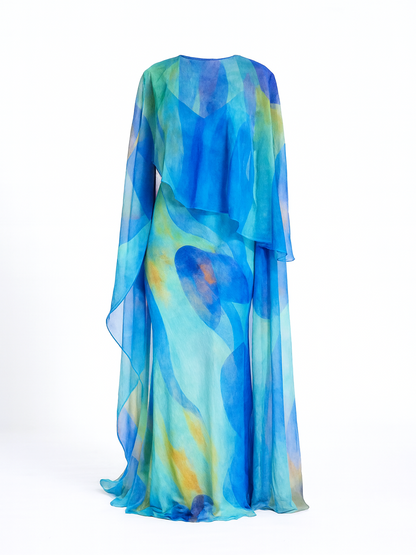 Turquoise Watercolor Print Cape & Slip Dress Two-Piece Formal Set