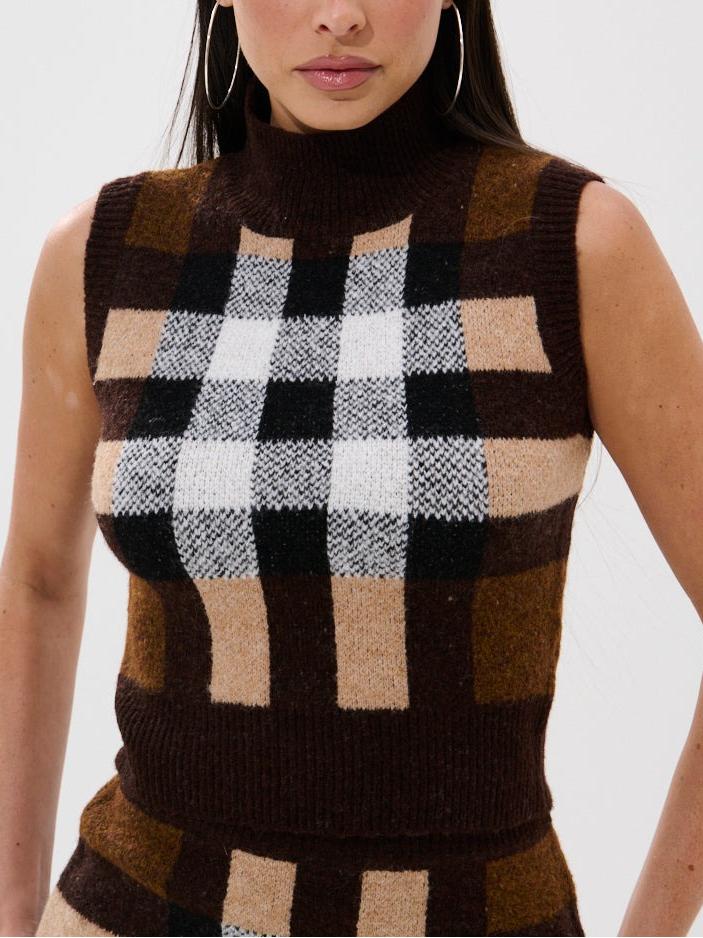 Chic Plaid Knit Sleeveless Top & Mini Skirt Co-ord Set