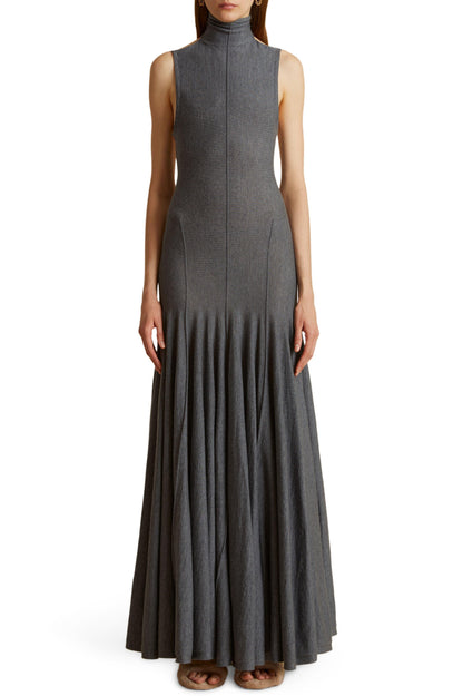 Heather Gray Mock Neck Pleated Maxi Dress