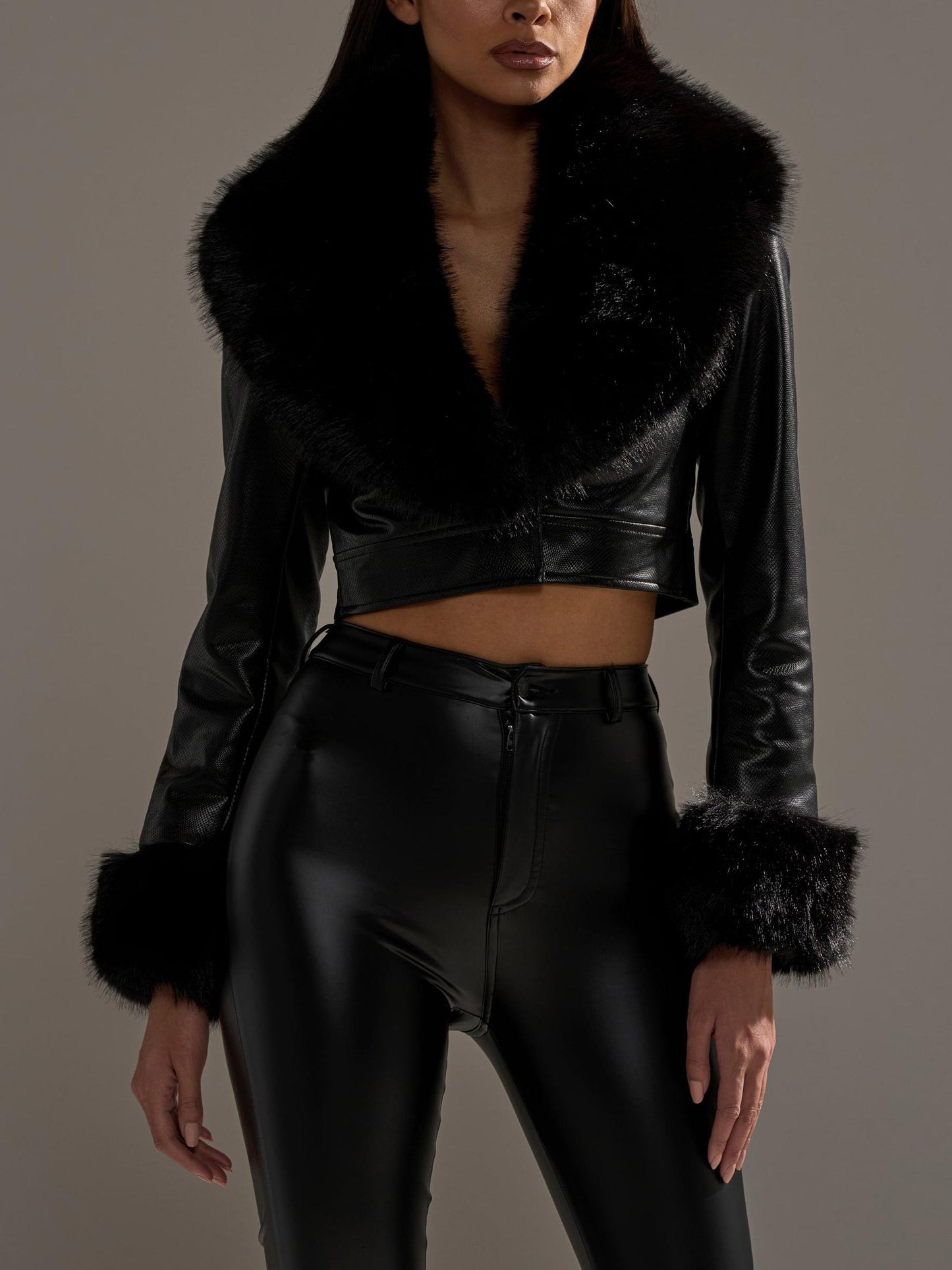 Black Faux Fur Trimmed Leather Cropped Jacket