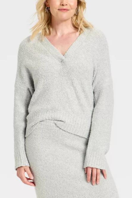 Heather Grey Hooded Wrap Sweater & Ribbed Maxi Skirt Loungewear Set