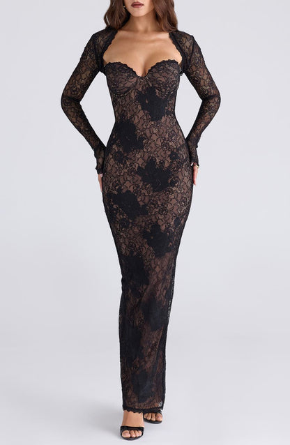 Black Floral Lace Sweetheart Neck Long Sleeve Slit Gown
