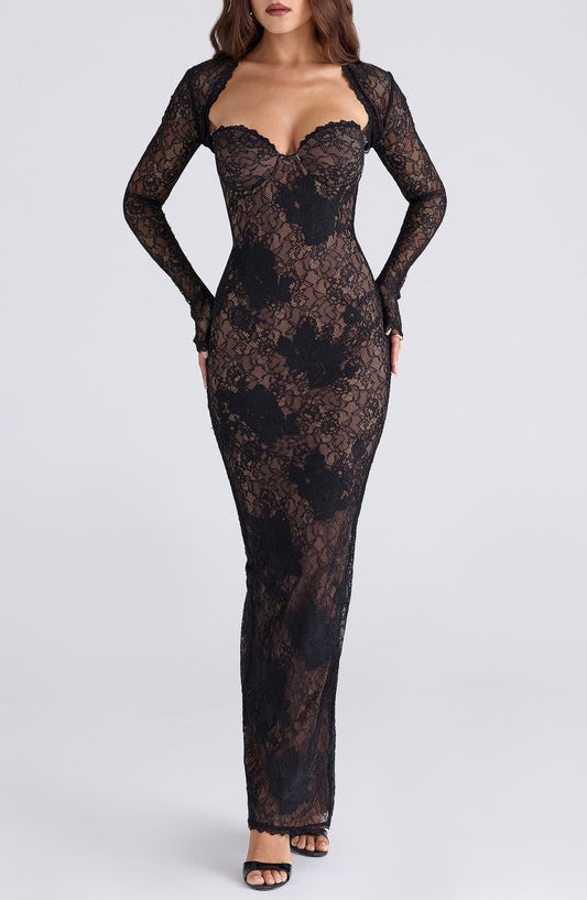 Black Floral Lace Sweetheart Neck Long Sleeve Slit Gown