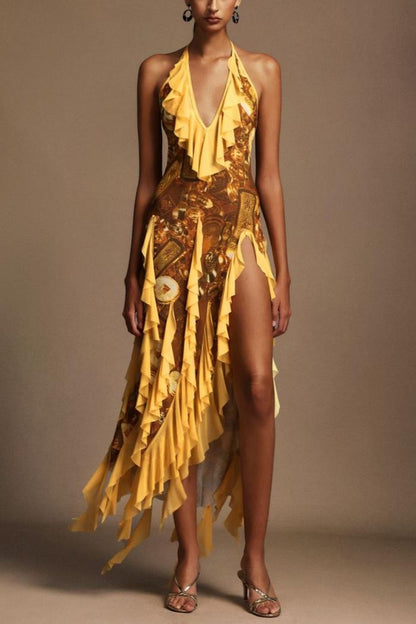Golden Ruffled Halter Maxi Dress