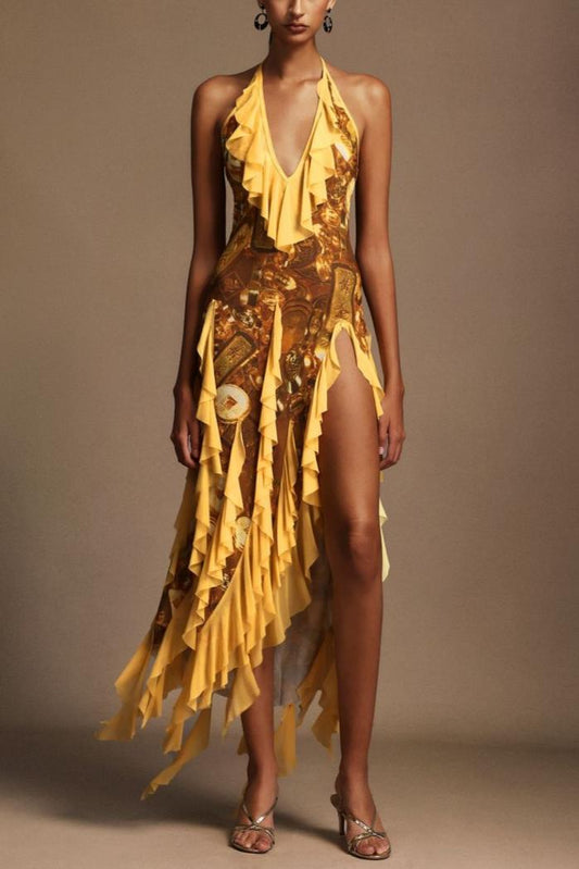 Golden Ruffled Halter Maxi Dress