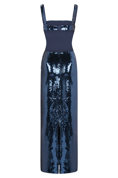 Navy Sequin Square Neck Cutout Maxi Dress