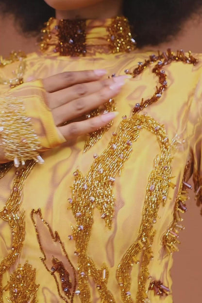 Gold Marble Beaded Embellished Maxi Gown