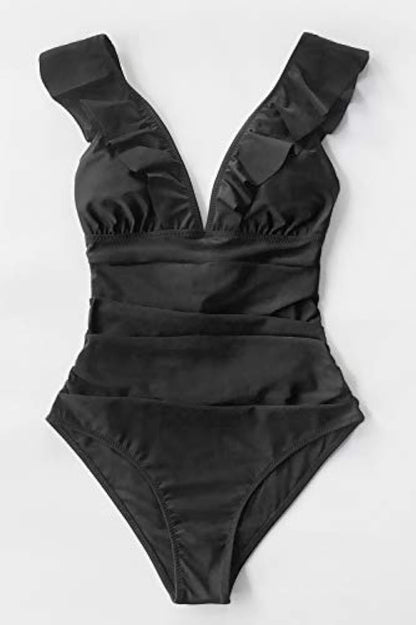 Ruffled One Piece Swimsuit V Neck Lace Up