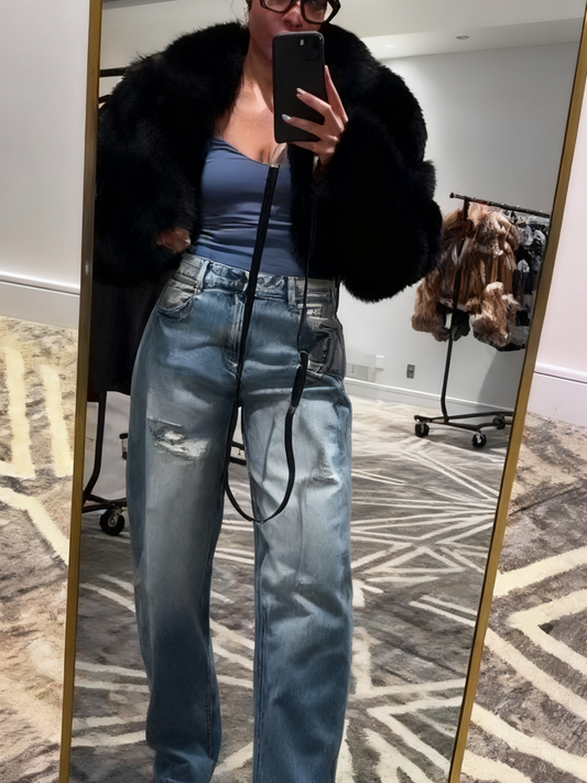 Luxury Black Faux Fur Cropped Jacket