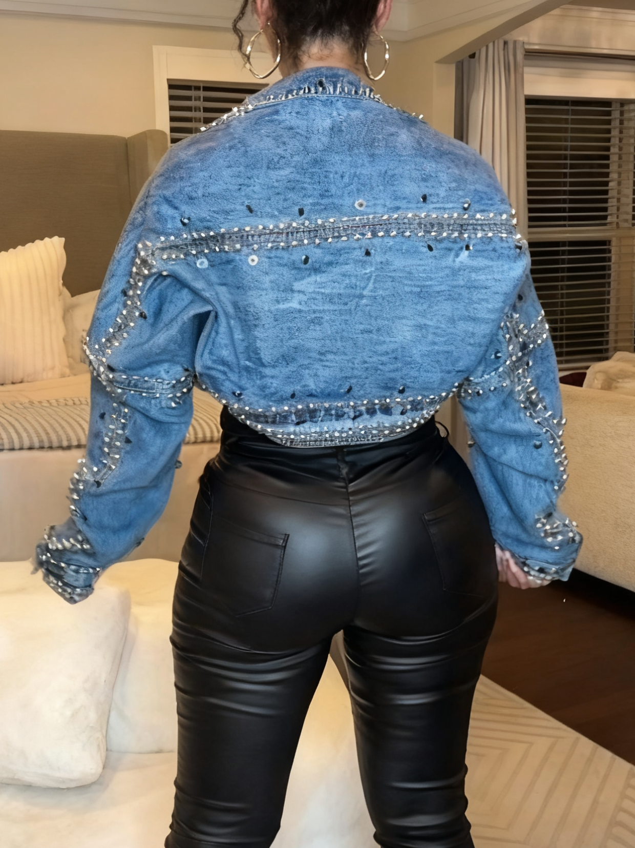 Silver Studded Embellished Light Blue Denim Crop Jacket