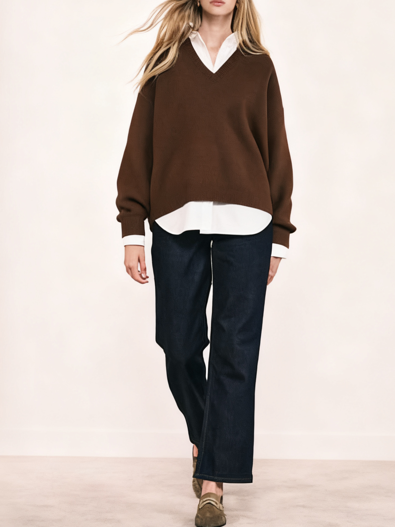 Oversized Brown V-Neck Knit Sweater