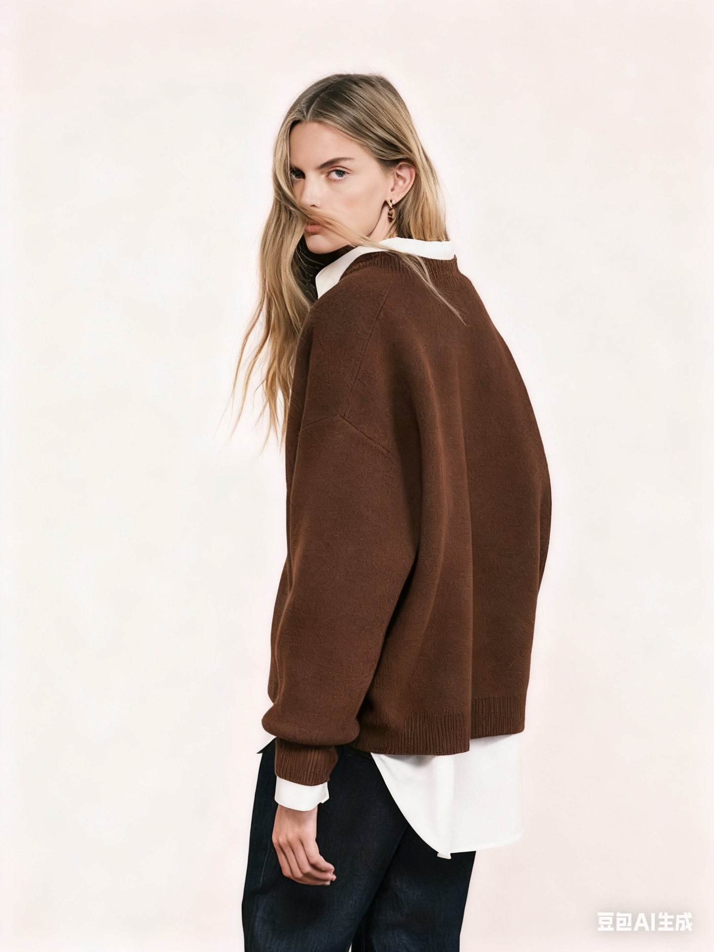 Oversized Brown V-Neck Knit Sweater