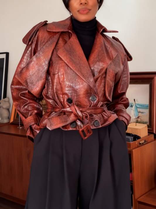 Vintage Style Snakeskin Faux Leather Cropped Trench Coat