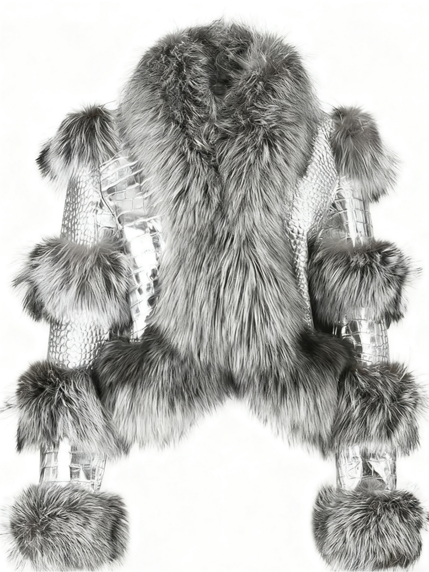 Silver Croc - Embossed Leather & Grey Fur Cropped Jacket