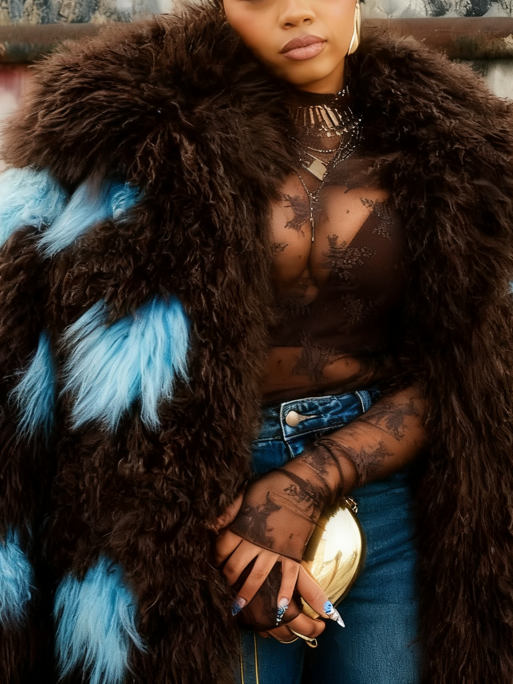 Brown & Blue Patchwork Long Pile Fur Coat