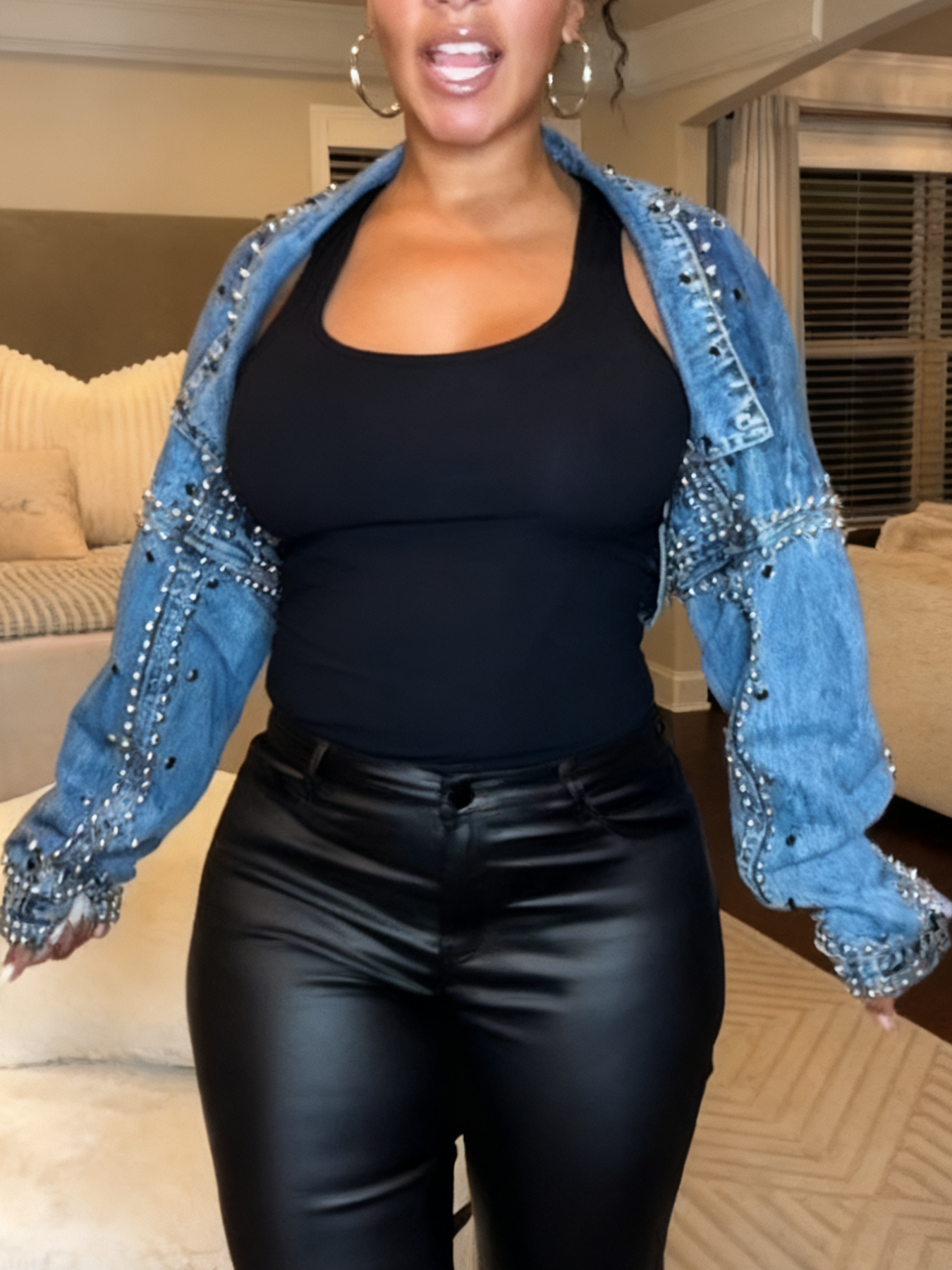 Silver Studded Embellished Light Blue Denim Crop Jacket