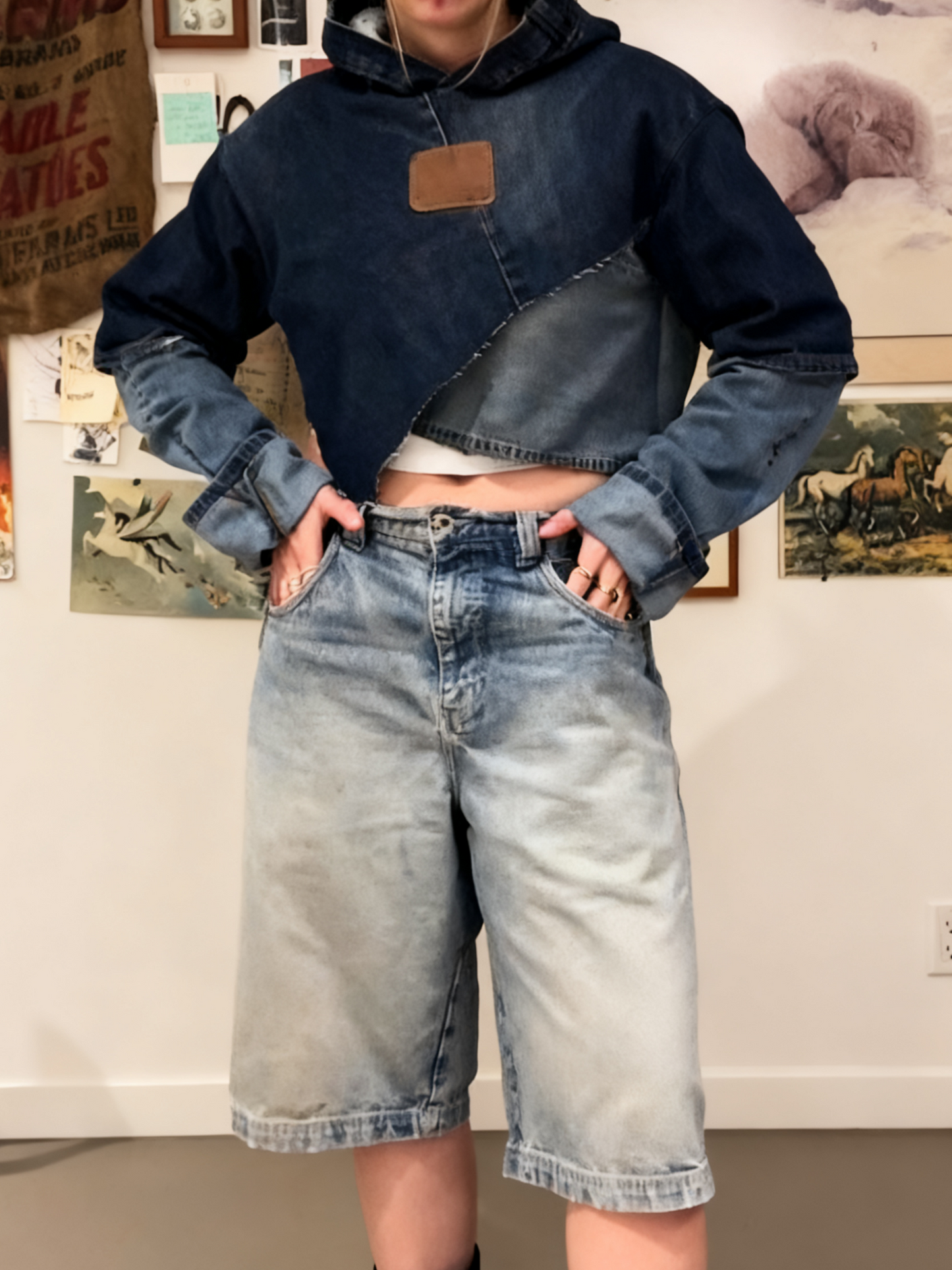 Unique Denim Patchwork Hooded Top