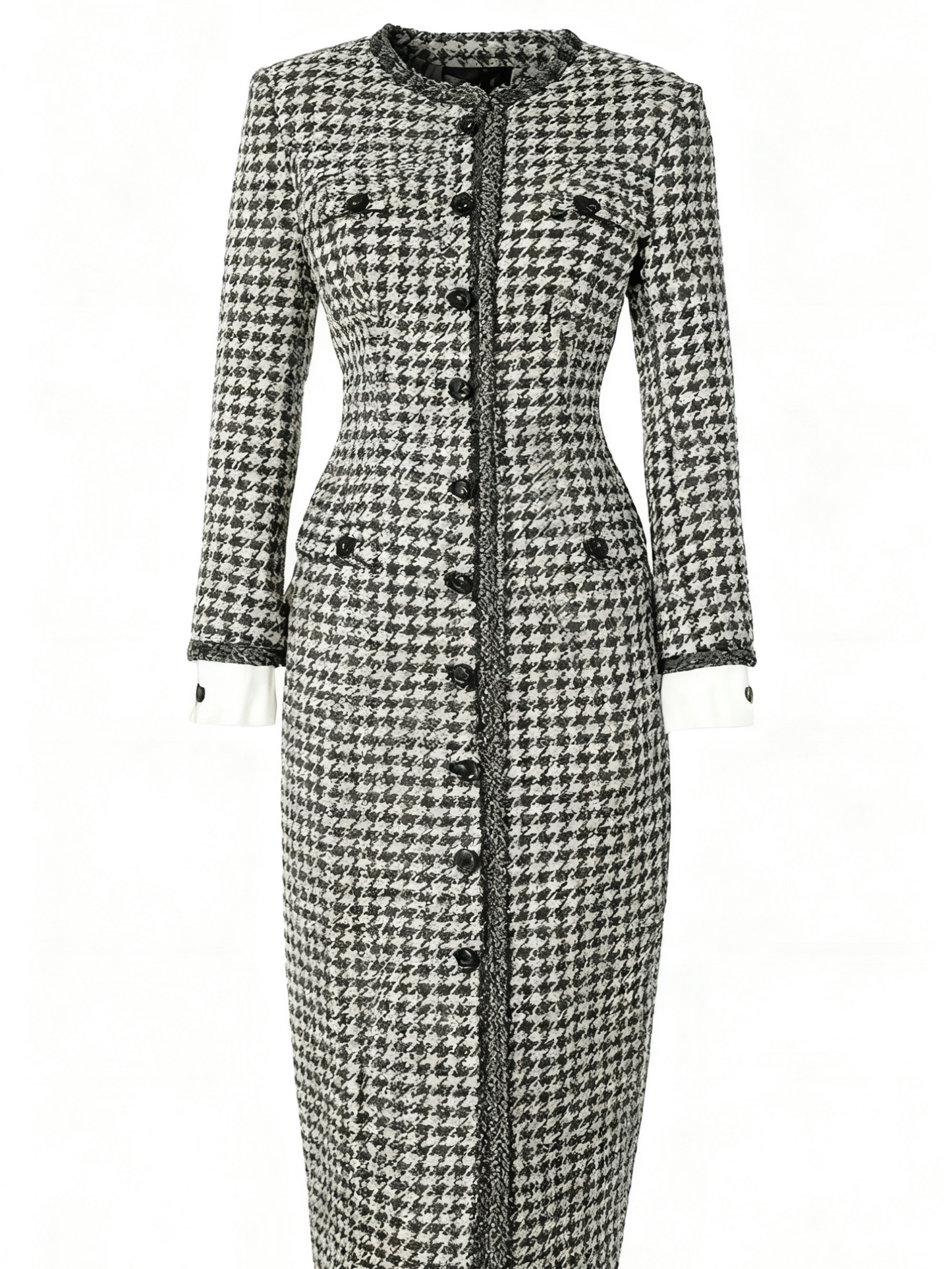 Elegant Houndstooth Tweed Midi Dress