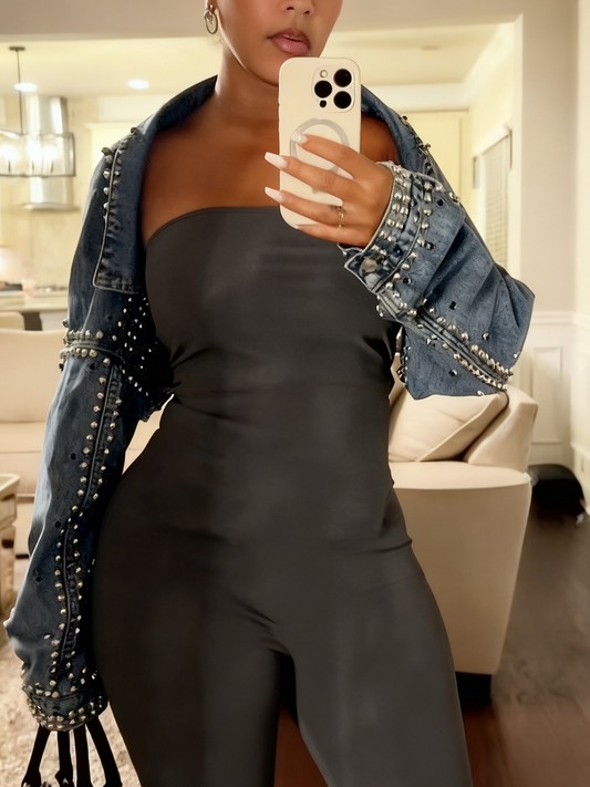 Silver Studded Embellished Light Blue Denim Crop Jacket