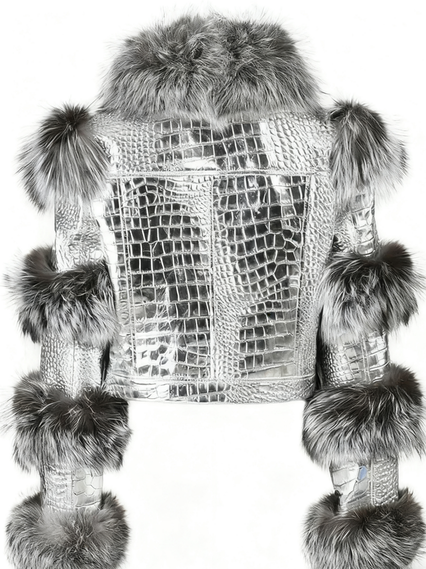 Silver Croc - Embossed Leather & Grey Fur Cropped Jacket
