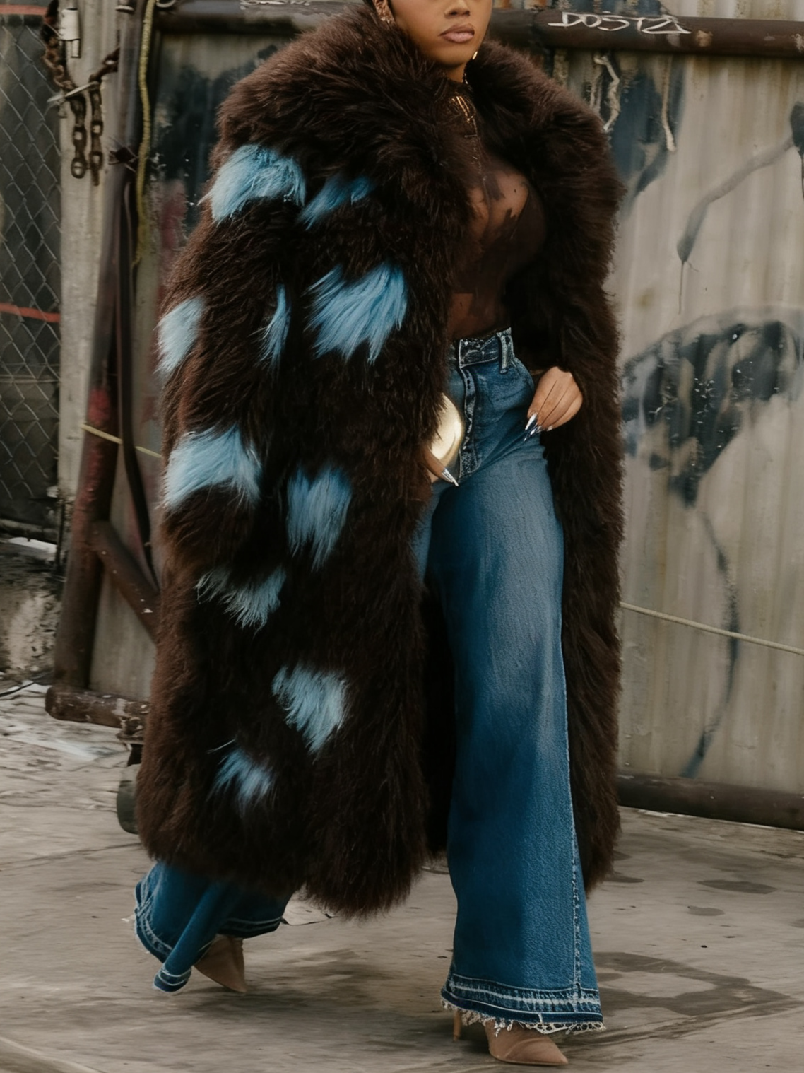 Brown & Blue Patchwork Long Pile Fur Coat