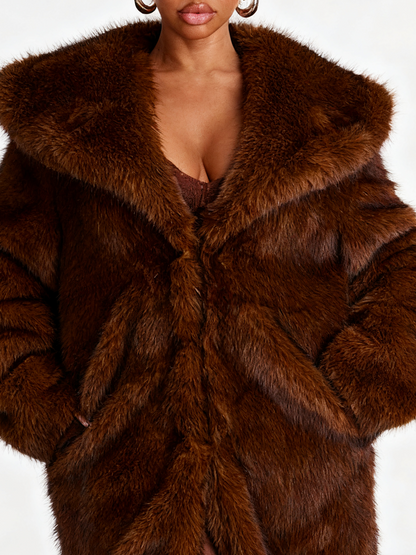 Chic Brown Full Length Faux Fur Coat