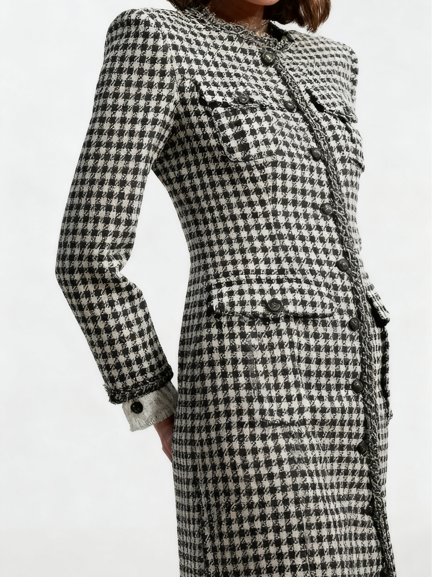 Elegant Houndstooth Tweed Midi Dress