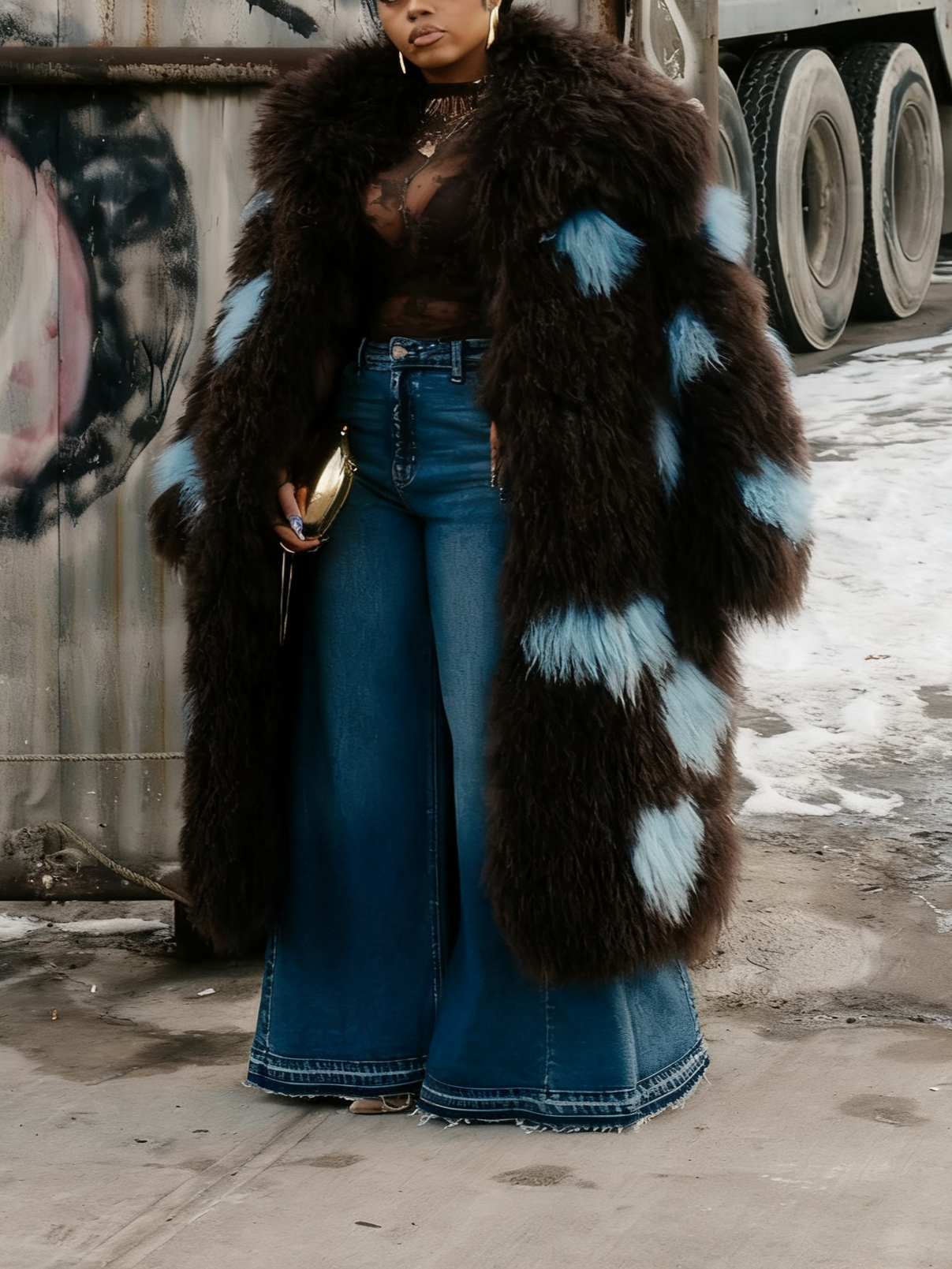 Brown & Blue Patchwork Long Pile Fur Coat