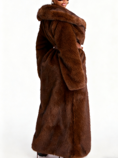 Chic Brown Full Length Faux Fur Coat