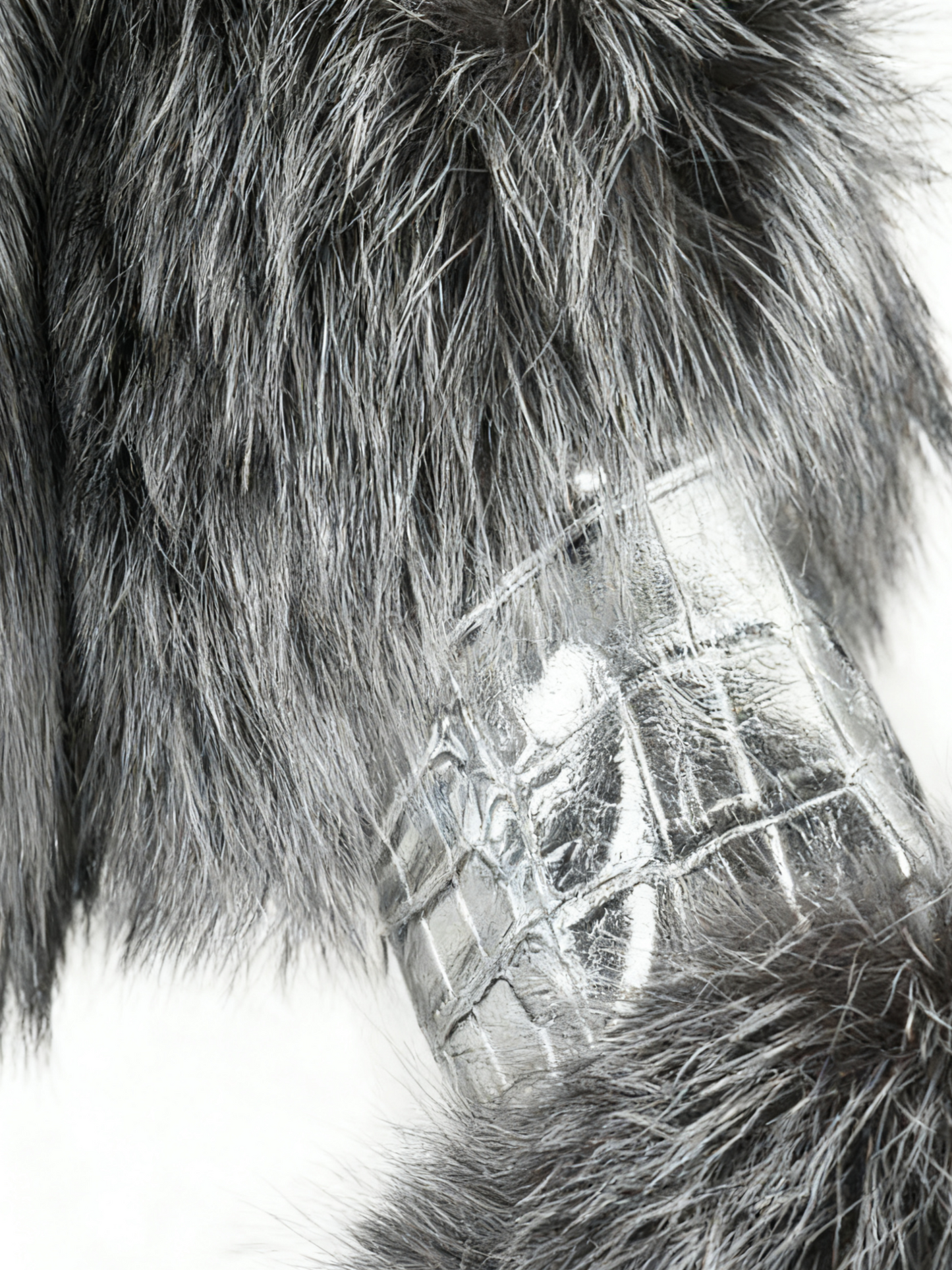 Silver Croc - Embossed Leather & Grey Fur Cropped Jacket