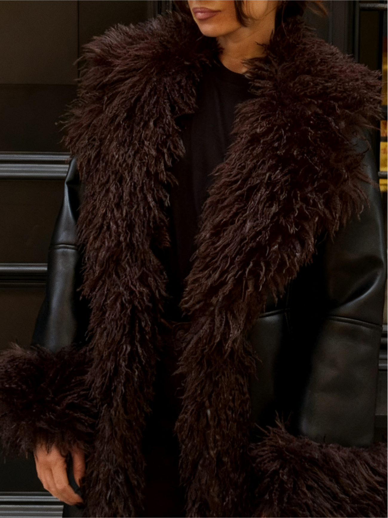 Faux Fur Collar and Cuffs Black Leather Long Coat