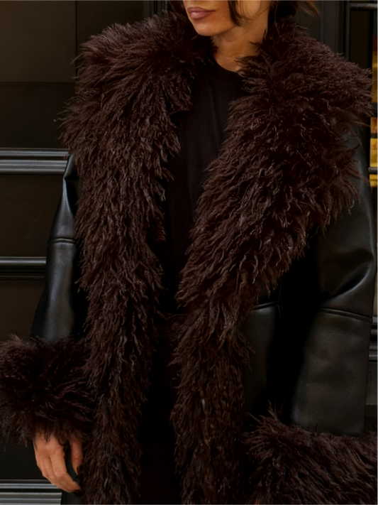 Faux Fur Collar and Cuffs Black Leather Long Coat