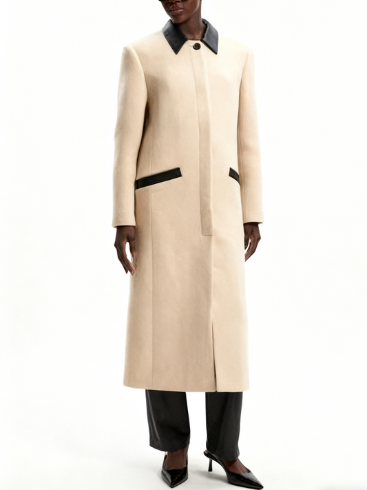 Wool Pu Mix Tailored Midi Coat