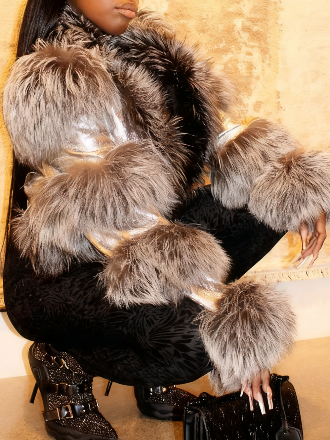 Silver Croc - Embossed Leather & Grey Fur Cropped Jacket