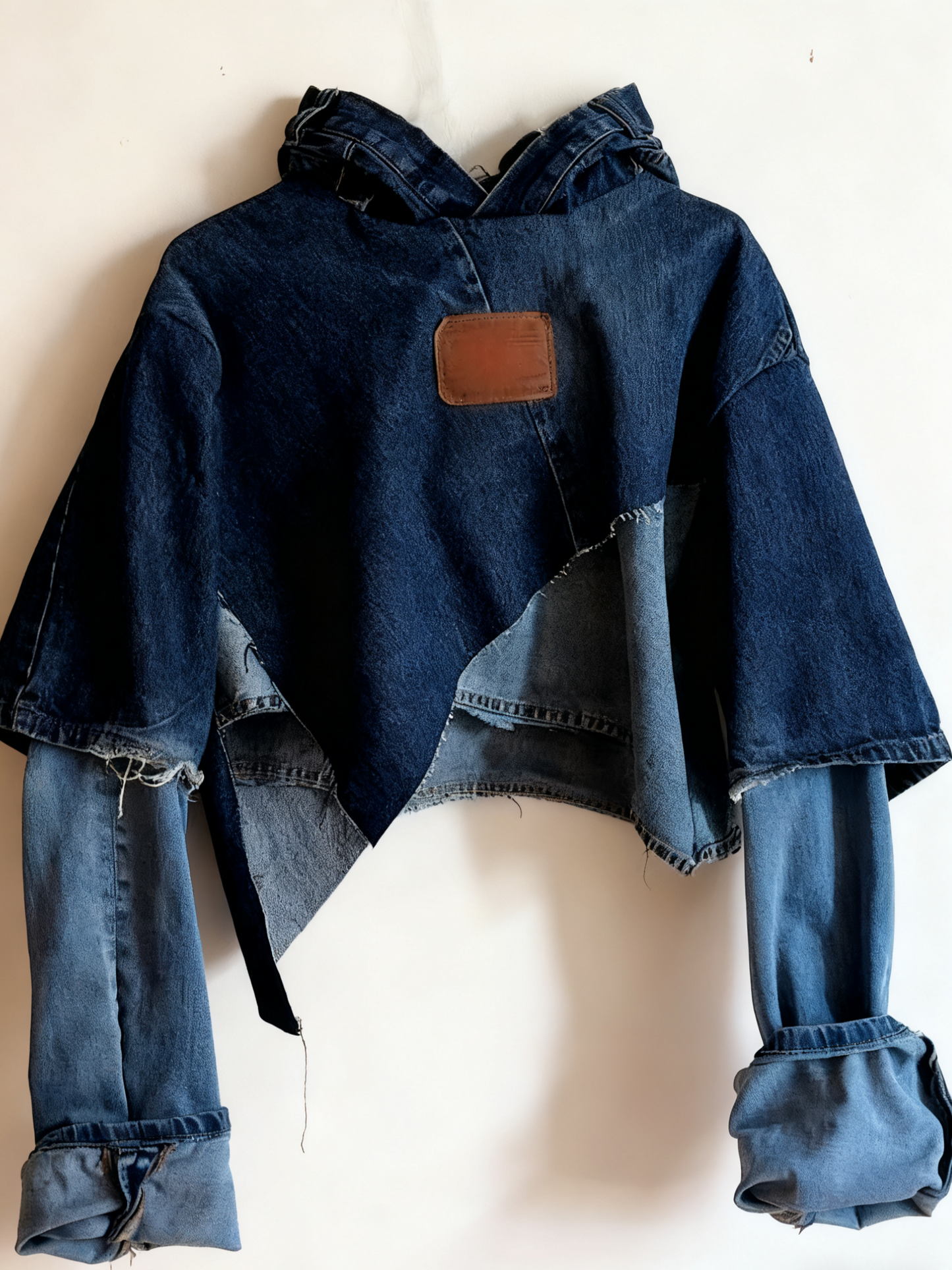 Unique Denim Patchwork Hooded Top