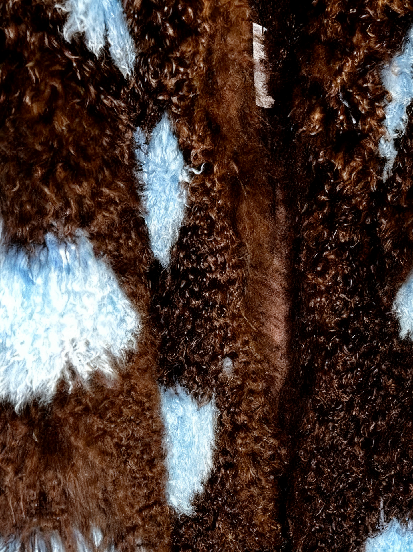 Brown & Blue Patchwork Long Pile Fur Coat
