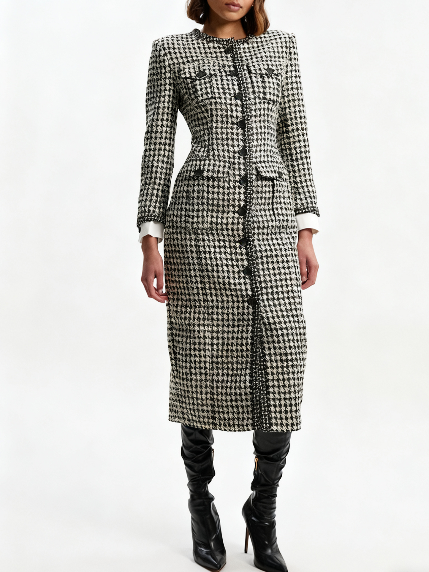 Elegant Houndstooth Tweed Midi Dress