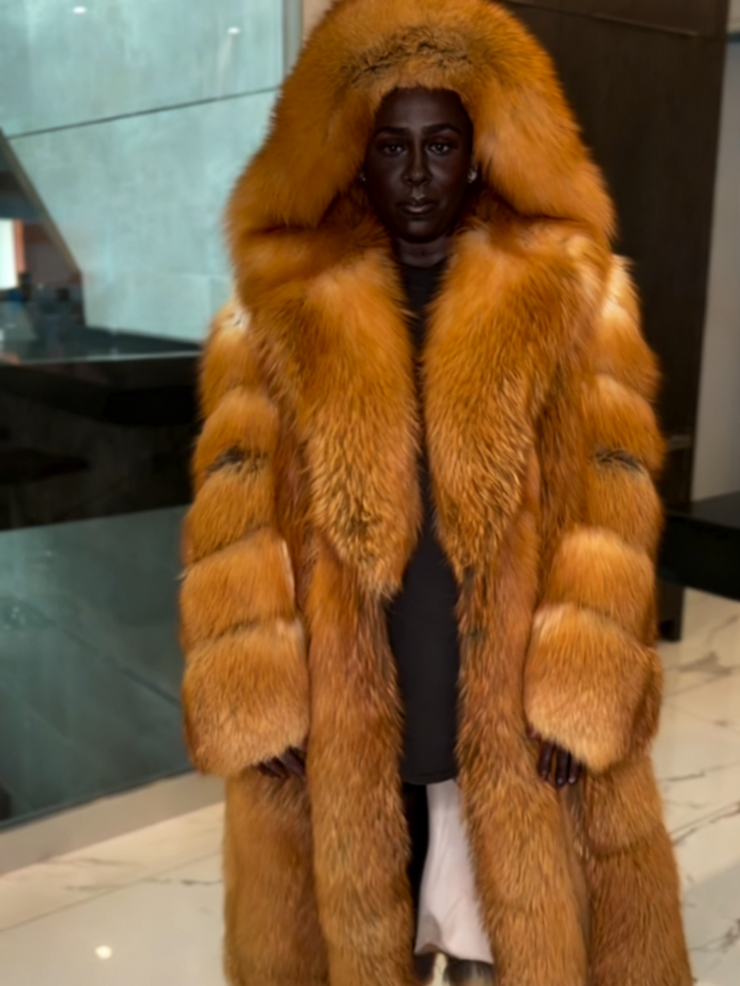 Luxury Golden Island Fox Fur Long Coat